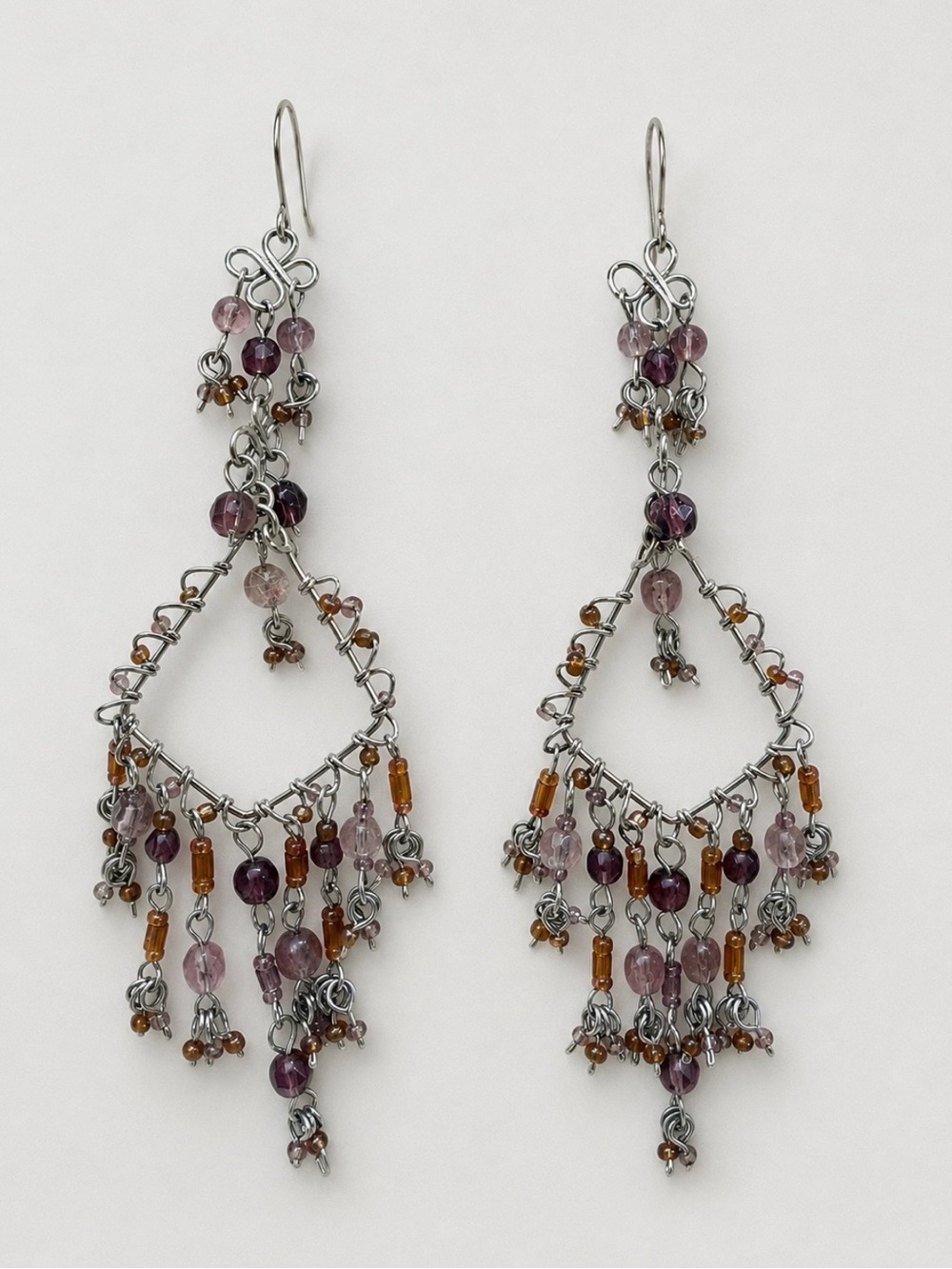 Handcrafted Silver-Tone Purple & Amber Beaded Chandelier Earrings